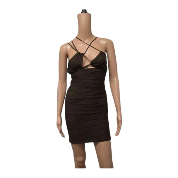 LEAU Seoul Strap Cutout Mesh Bodycon Midi Dress Brown Small NWT Sexy - Picture 3 of 11